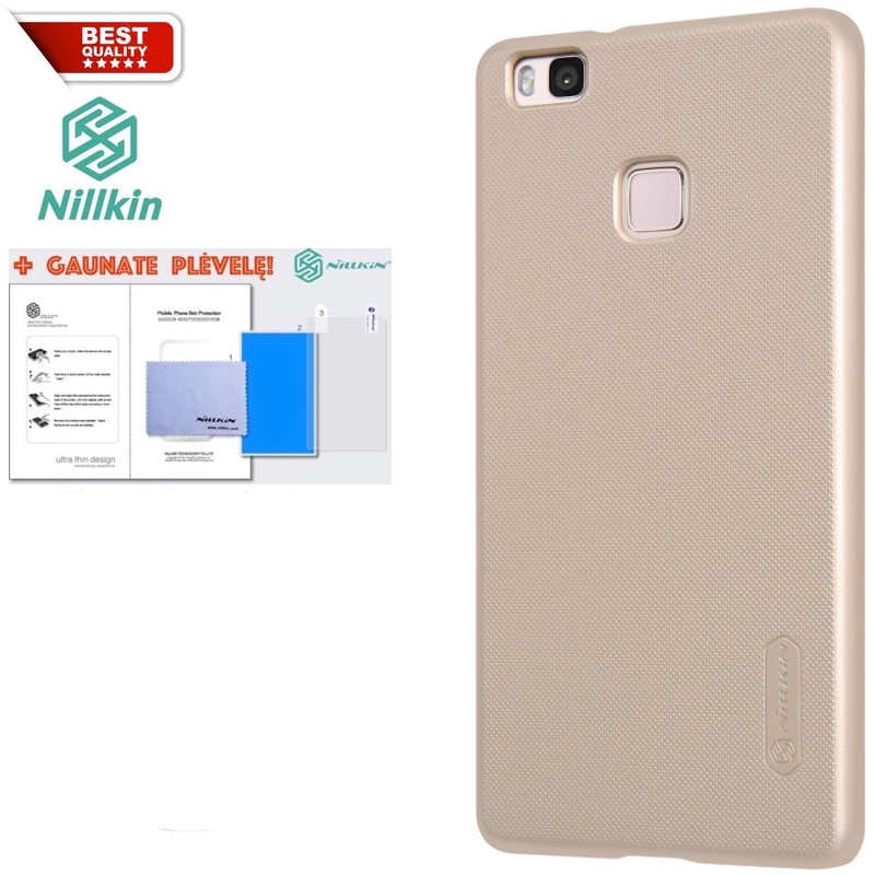 Huawei P9 Lite dėklas auksinis "Nillkin" Frosted Shield + plėvelė Huawei P9 Lite dėklas auksinis "Nillkin" Frosted Shield + plėvelė